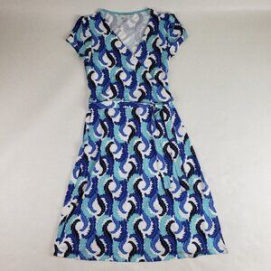 Boden Leaf Print Wrap Dress Blue Womens 4 R V Neck Short Sleeve Knee Length